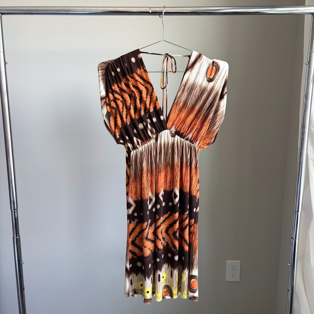 Vintage Abstract Tiger Print Mini Dress S Halter Plunging V Neck Y2K Tuscan Mom